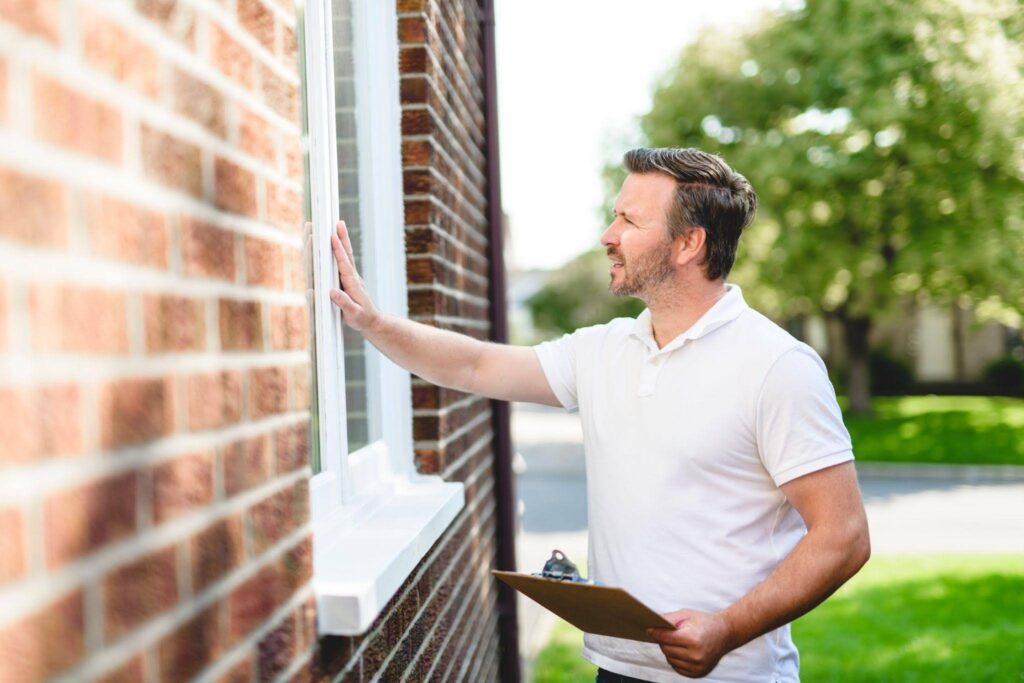 Smiling home inspector in a white polo examines a brick house window