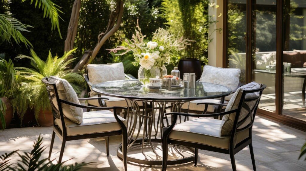 A patio table surrounded by chairs featuring a vase of colorful flowers at the center