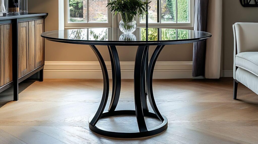 A round glass table featuring a decorative vase placed centrally on its surface