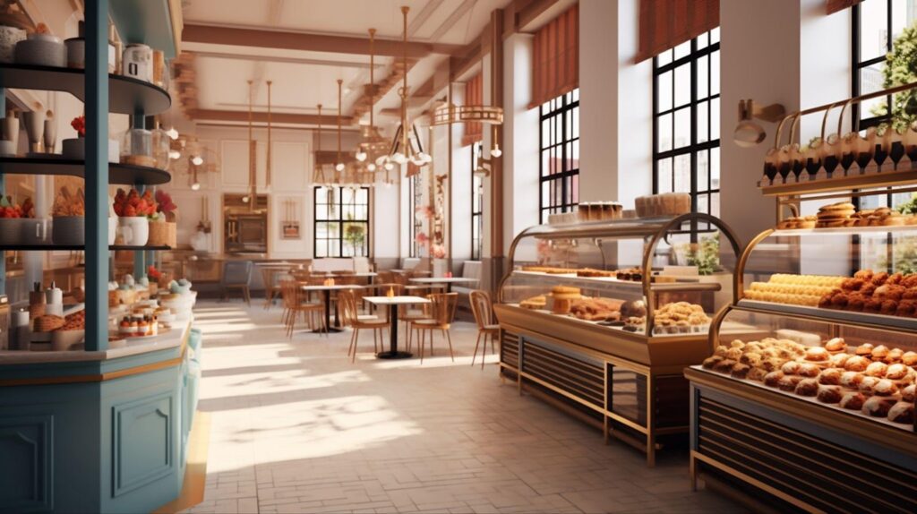 A bakery filled with various pastries and bread, surrounded by numerous windows.