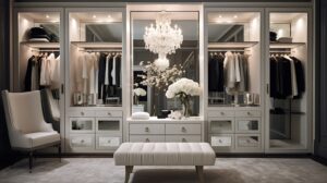 Luxurious walk-in closet with chandelier, clothes, and custom mirrors available.
