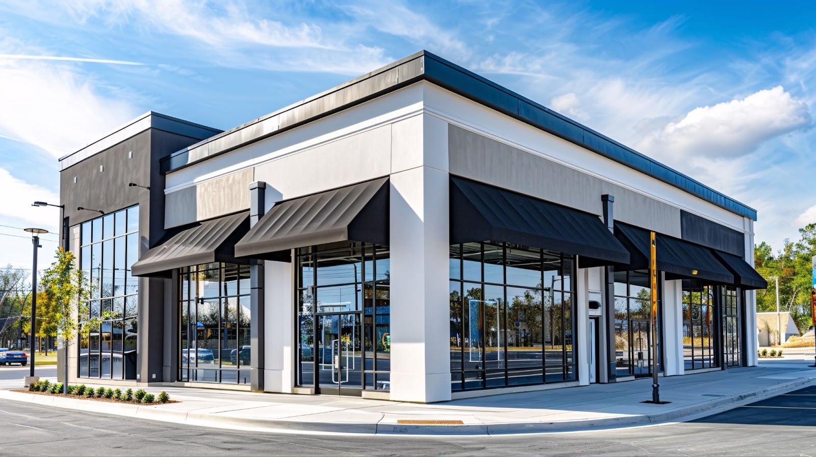 A modern building with black awnings, featuring commercial glass displays and glass repair services.