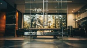 A sleek, modern office with glass doors opens to a conference room with large windows overlooking trees.