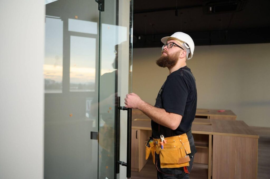 A bearded man in a hard hat stands before a glass door looking serious