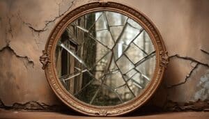 A broken mirror is placed on a table, showcasing jagged edges and fragmented reflections of nearby objects.