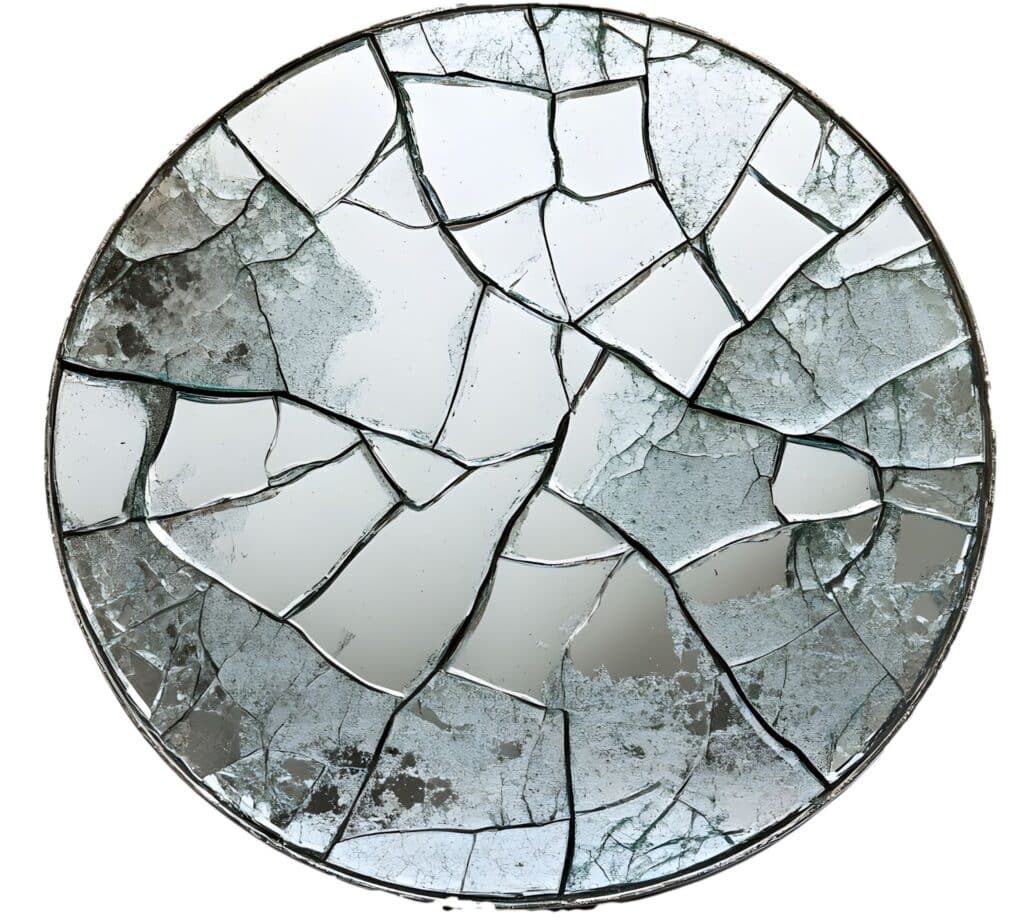 A circular mirror with visible cracks, reflecting a distorted view of its surroundings.