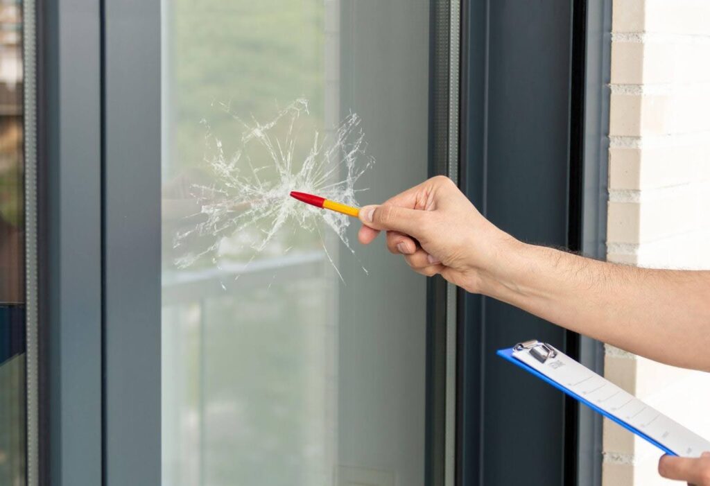 A man is using a pen to write on a glass window concentrating on his work