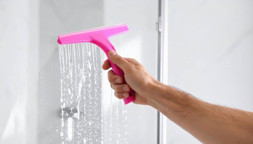 A person scrubbing a shower with a pink brush, focusing on cleaning the tiles and surfaces effectively.