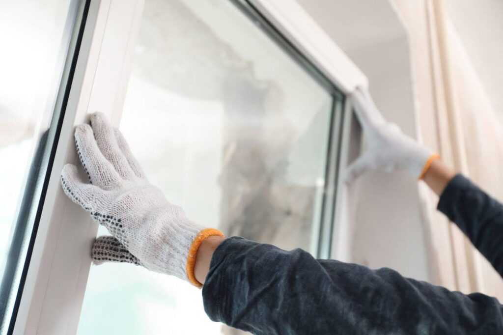 A person wearing gloves touches a window focusing on the glass surface with a white glove