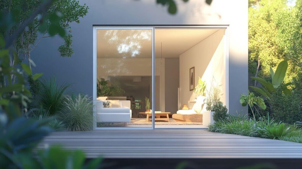 A stylish home showcasing sliding glass doors that provide access to the garden