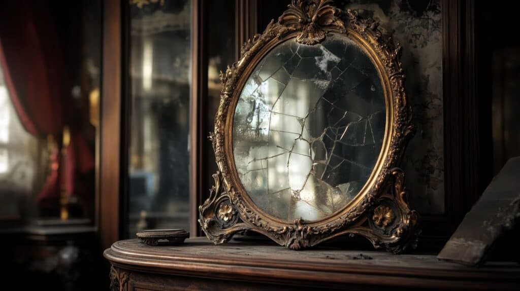 Cracked ornate mirror on a vintage wooden table.