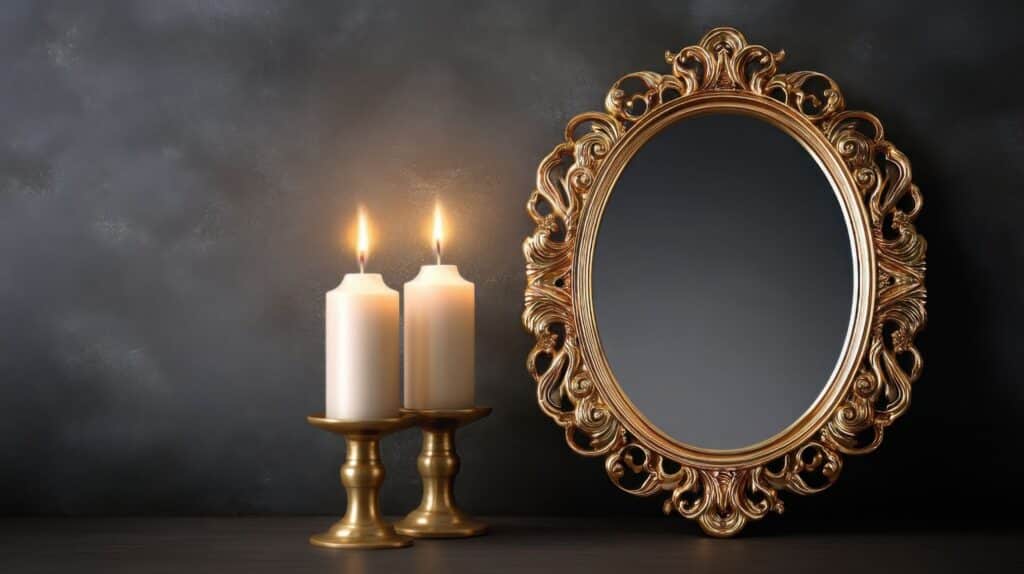 Two lit candles in gold holders next to an ornate gold-framed mirror against a dark background.
