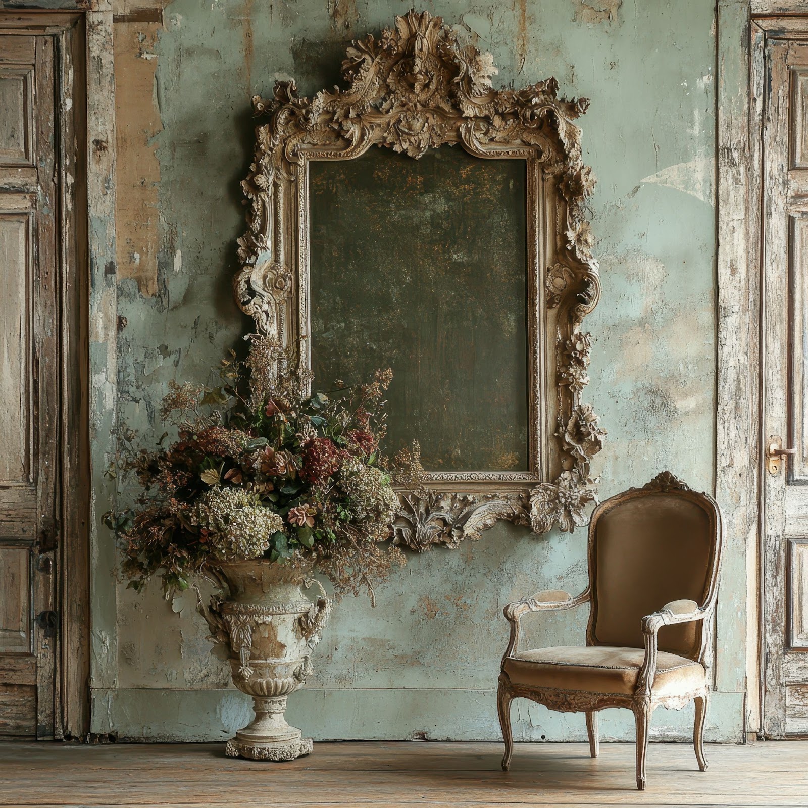 Vintage chair and ornate mirror in a weathered room with floral arrangement.