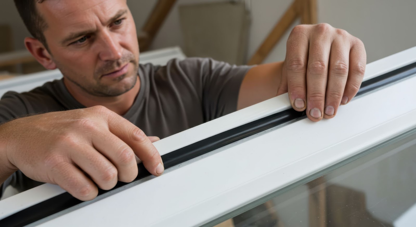 A person installing a window frame with a black sealant.