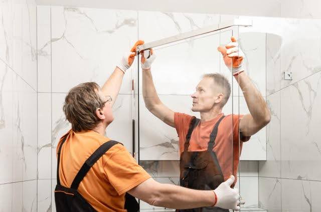 Two men in orange overalls are repairing a shower door in a bathroom setting
