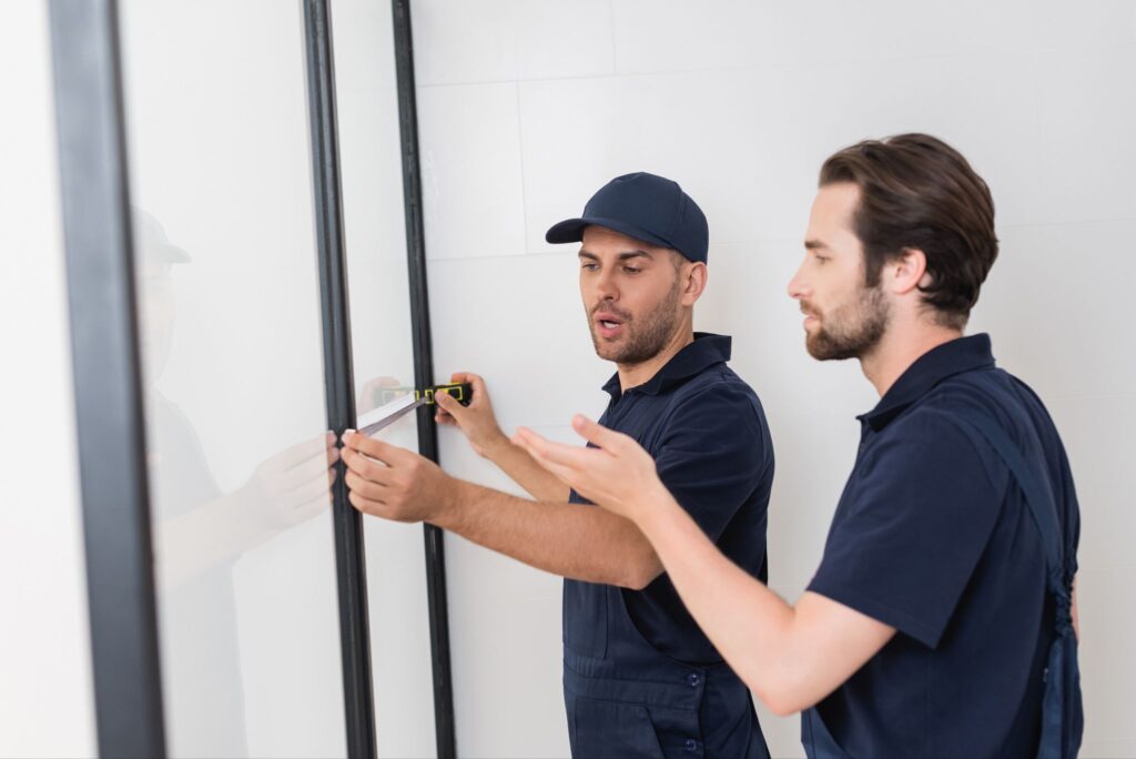 Two installers in blue uniforms using a tape measure on a black-framed glass partition.