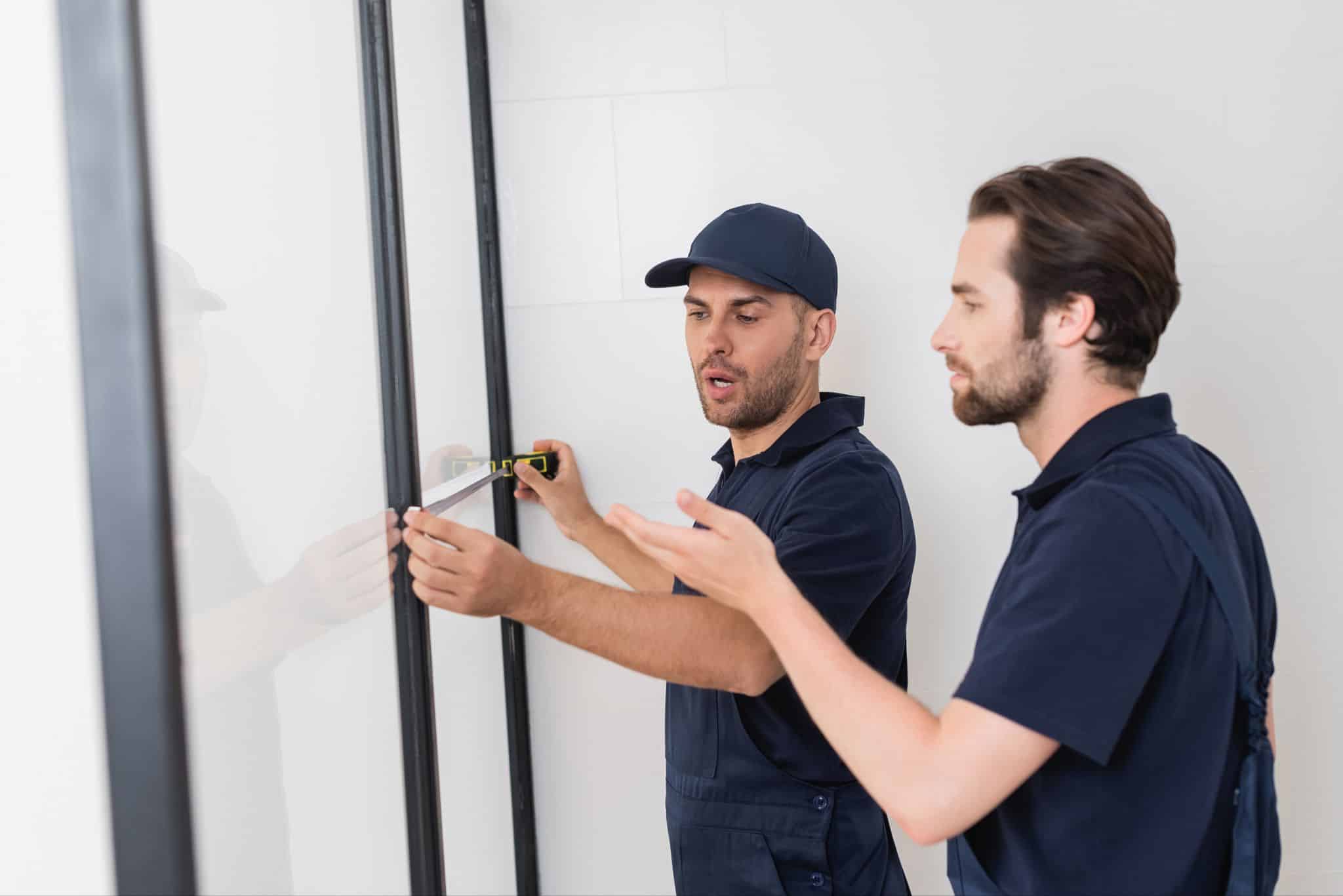 Two installers in blue uniforms using a tape measure on a black-framed glass partition.